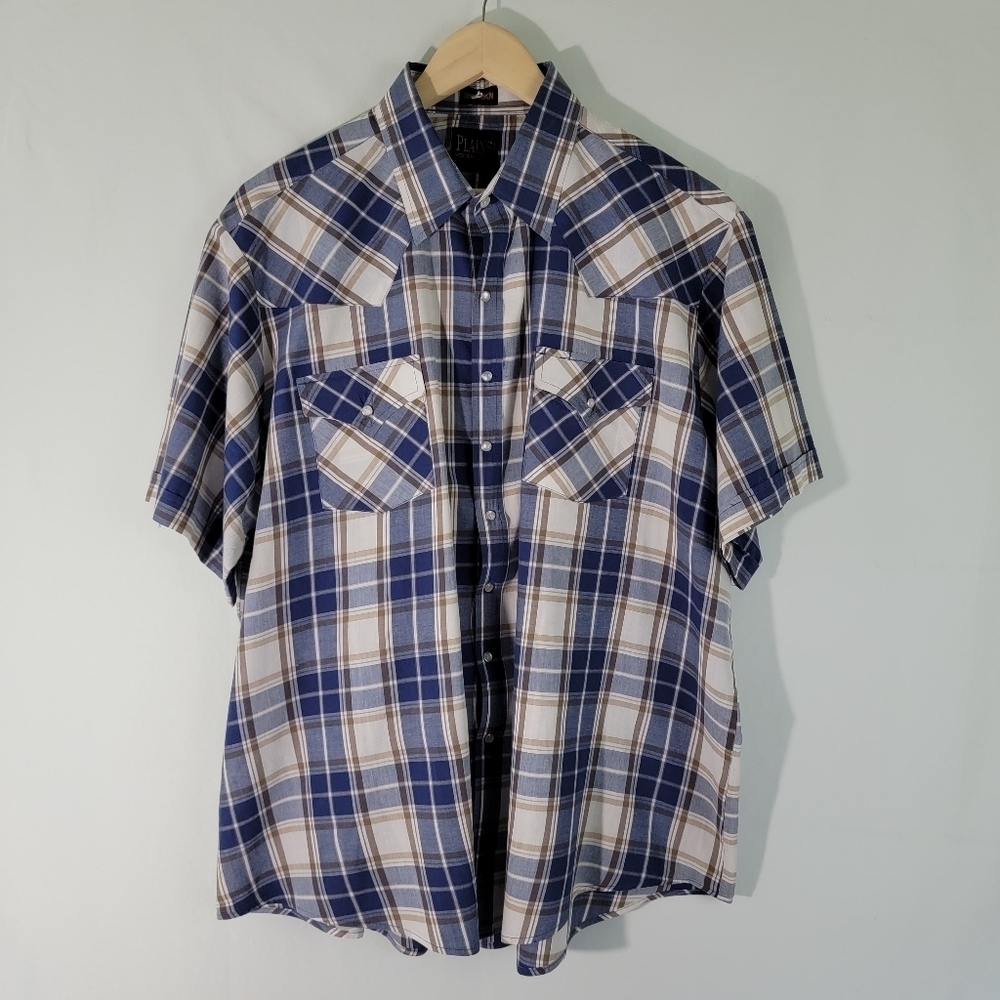 PLAINS Big Man Western Button-Up Shirt 2X Blue/White Plaid Snap Button Cotton